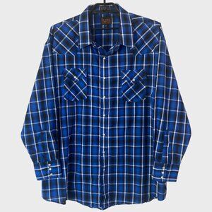 Plains Western Wear Snap Button-Up Blue Plaid Long-Sleeve Shirt Mens Size 3XLT